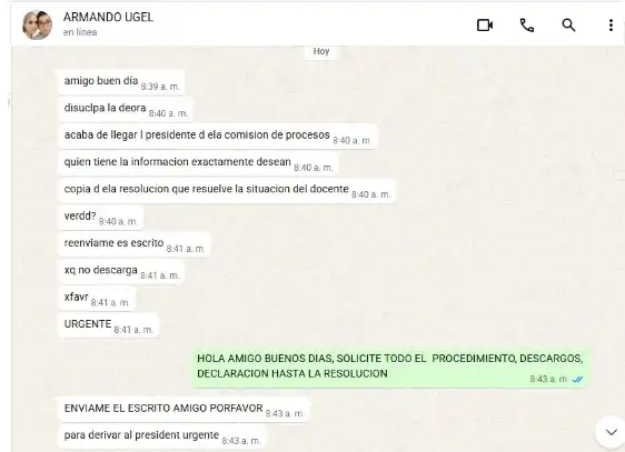 Captura de WhatsApp donde el abogado de la UGEL Pallasca admite fallas en la descarga del expediente de tocamientos indebidos y pide reenviar la solicitud