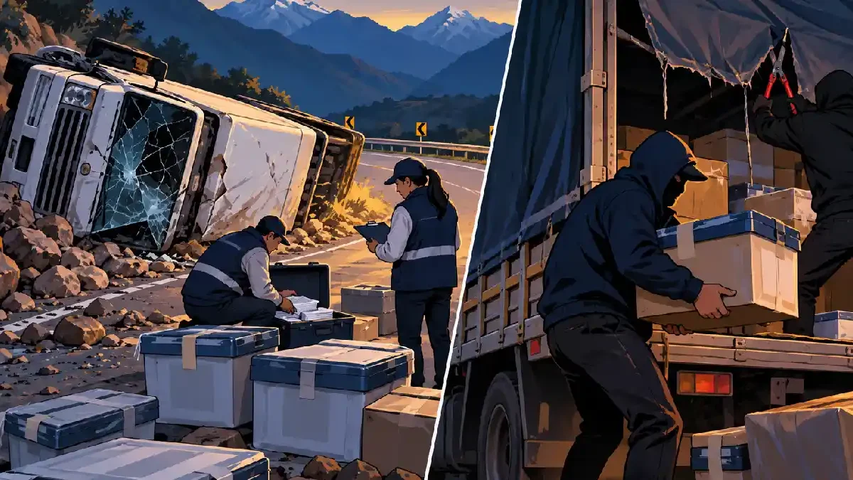 Composición digital que muestra el material electoral en Áncash tras un accidente en carretera y el robo de cédulas antes de las elecciones.