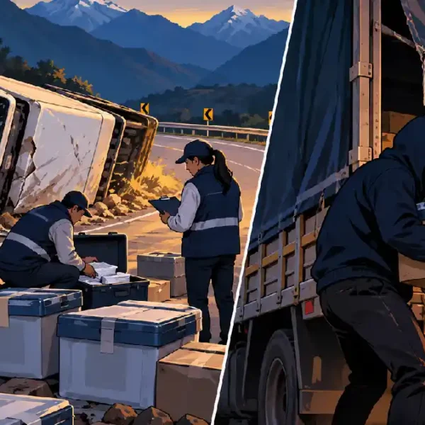 Composición digital que muestra el material electoral en Áncash tras un accidente en carretera y el robo de cédulas antes de las elecciones.